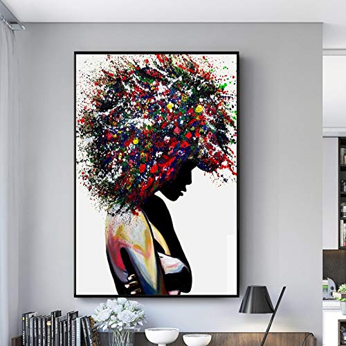 Bild Leinwanddrucke, Graffiti-Kunst einer schwarzen Frau, Leinwand-Kunstdruck, afrikanische Frau mit buntem Haar, Bild, moderne Wanddekoration, 60 x 75 cm, rahmenlos von GEMMII