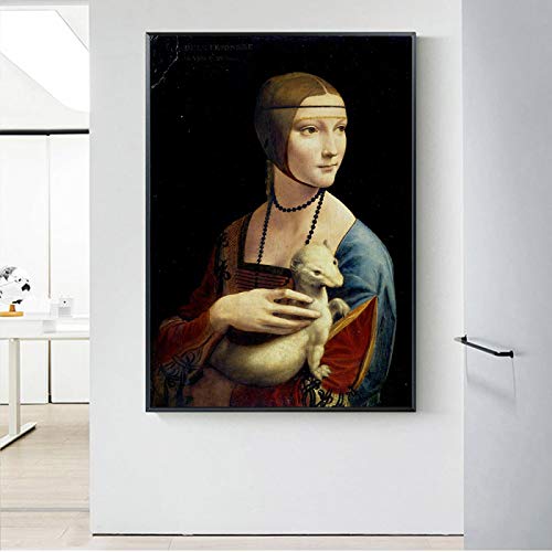 Die Dame mit einem Hermelin Leinwand berühmt Leinwand Druck Wandbild, Gemälde Wand von Leonardo Da Vinci Poster Kunst und Drucke Wanddekoration 42 x 60 cm rahmenlos von GEMMII