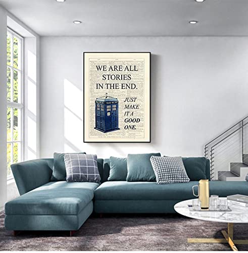 Dr Who Classic TV Show Poster Prints Tardis We Are All Stories In The End Dictionary Page Art Druck auf Leinwand XXL Bild 60x85cm Rahmenlos von GEMMII