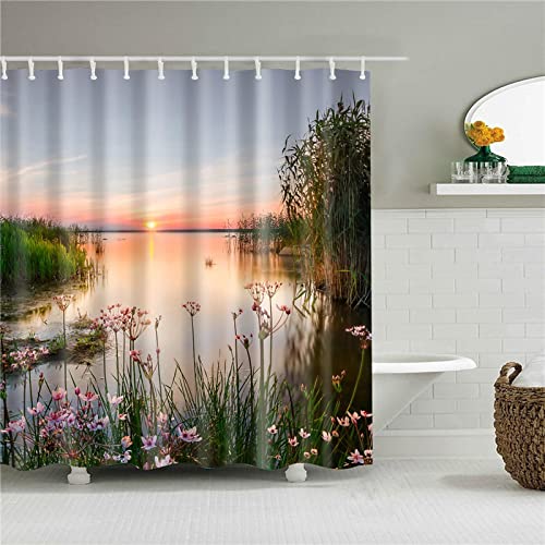 GEMMII 3D Sonnenuntergang See Naturlandschaft Duschvorhang Multi Size Landschaft Badvorhänge extra lang mit 12 Haken Badvorhänge für Badezimmer 135x200cm(53X79inch) von GEMMII