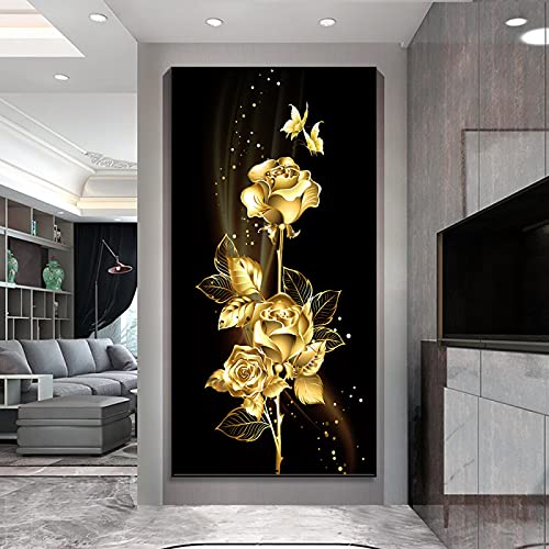 GEMMII Leinwand Druck Wandbild, Abstrakte goldene Blätter, goldene Rose, Schmetterling, Blumengemälde auf Leinwand, Wandkunst, Bild, Dekor, Poster, 25 x 50 cm, rahmenlos von GEMMII