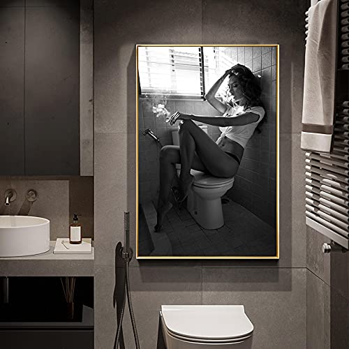 GEMMII Leinwandbild XXL - Sexy Smoking Woman Toilet Poster Nude Naked Beauty with Deer Butterfly Print Canvas Wall Art Picture 42x60cm Frameless von GEMMII