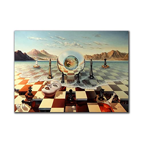 GEMMII Leinwandbilder Fertig zum Aufhängen Salvador Dali Abstract Weird Painting Surrealism Chess Mask On Sea Poster Print Wall Art for Home Wall Decor 29.7x42cm Rahmen von GEMMII