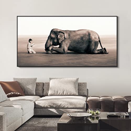 GEMMII Leinwandbilder XXL Boy Reading to Elephant Painting Ashes and Snow Posters and Prints Wall Art Animals Pictures Home Decor 40x80cm Rahmenlos von GEMMII