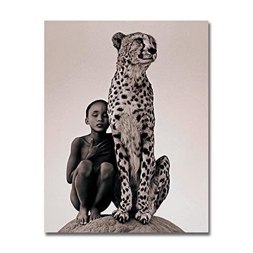 GEMMII Leoparden- und Jungenbilder, moderne schwarz-weiße Figur, Tiergemälde, Wandkunst, Poster und Druck, Wandbilder, Dekor, XXL, 42 x 60 cm, rahmenlos von GEMMII