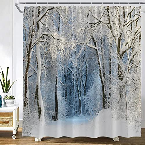 GEMMII Winterlandschaft Duschvorhänge Schnee Bäume Wald Park Natur Weihnachten Zuhause Badezimmer Dekor Stoff Badvorhang mit 12 Haken 240x200cm(94X79inch) von GEMMII