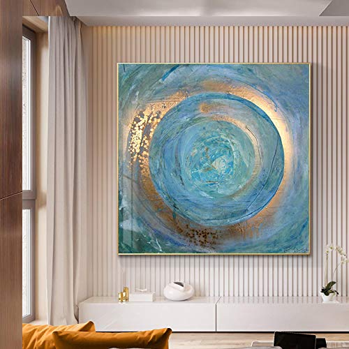 GEMMII Leinwand Druck Wandbild, Abstrakt Blau Gold Ölgemälde auf Leinwand Skandinavische Poster und Drucke Wandkunst Bilder Für Wohnzimmer 80x80cm Rahmenlos von GEMMII