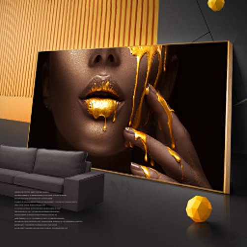 Leinwandbild XXL, Golden Lips Poster Leinwanddrucke Sexy Schwarzes Frauengesicht mit goldener Flüssigkeit Bilder Wandkunst Modernes Dekor 80 x 160 cm Rahmenlos von GEMMII