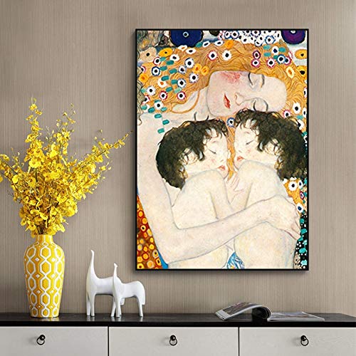 Leinwandbild XXL - Berühmte Poster und Drucke Mutter Liebe Zwillinge Baby von Gustav Klimt Leinwand Wandkunst Bild Ästhetische Raumdekoration 80x120cm Rahmenlos von GEMMII