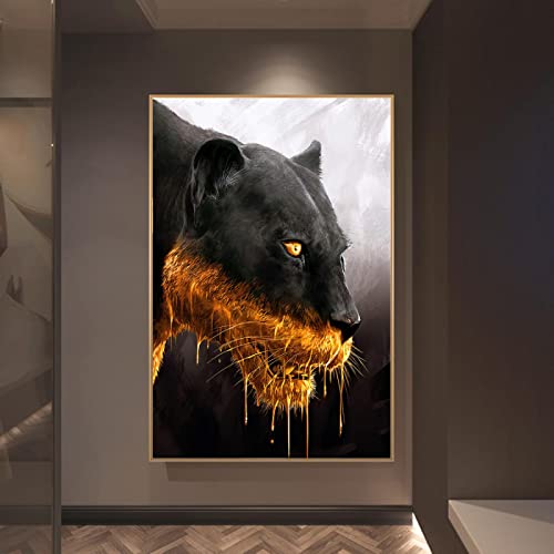 Leinwandbilder XXL Black Golden Panther Luxury Painting Animal Posters and Print Wall Art Pictures for Living Room Decor 80x122cm Rahmenlos von GEMMII