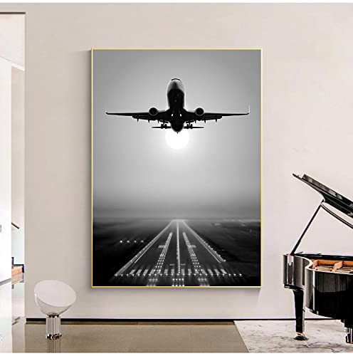 Schwarz Weiß Flugzeug Take Off Gemälde Wandkunst, Leinwand Druck Wandbild, HD Drucke Kreatives Hotel Poster Leinwandbilder Wohnkultur 70x100cm Rahmenlos von GEMMII