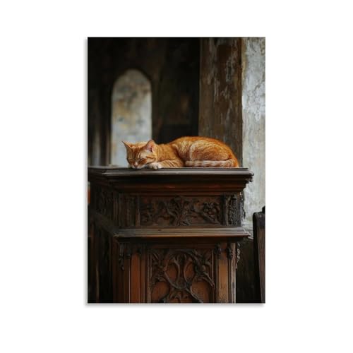 GEMTOFNMA A Cat Sleeps Atop The Pulpit, Curled Where Predigten Once Stirred Souls Into Fire And Stillness. Modernes Wandbild, dekoratives Poster zum Aufhängen, 50 x 75 cm von GEMTOFNMA