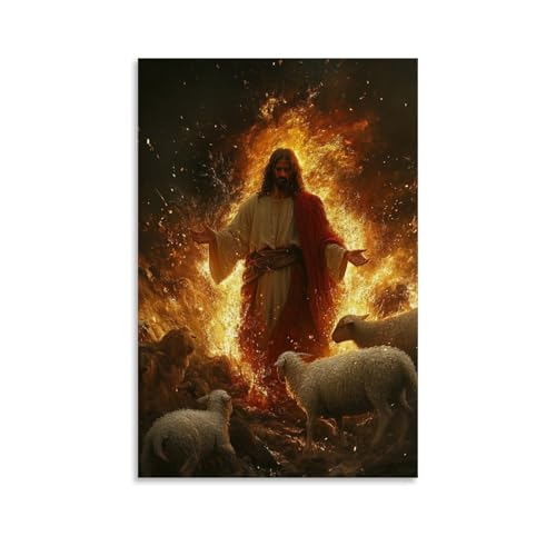 GEMTOFNMA A Flicker of Divine Fire Surrounds Jesus As He Stands between A Lamb And A Circling Pack. Modernes Wandbild, dekoratives Poster zum Aufhängen, 50 x 75 cm GEMTOFNMA A Flicker of Divine Fire Surrounds Jesus As He Stands between A Lamb And A Circling Pack. Modernes Wandbild, dekoratives Poster zum Aufhängen, 50 x 75 cm von GEMTOFNMA