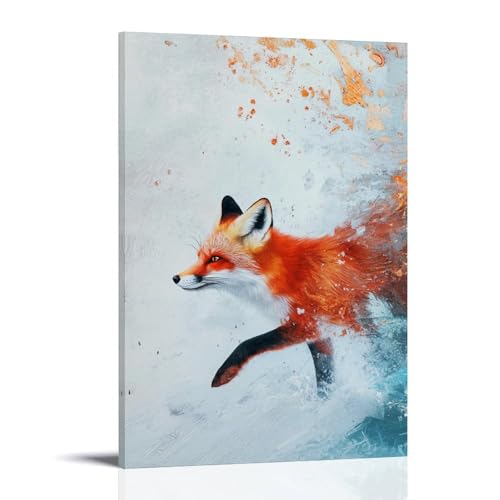 GEMTOFNMA Ein Fuchs trabt durch unsichtbaren Schnee, rotes Fell kontrastiert vor einem weichen, blau-weißen Hintergrund. Modernes Wandbild, dekoratives Poster zum Aufhängen, 30 x 45 cm von GEMTOFNMA
