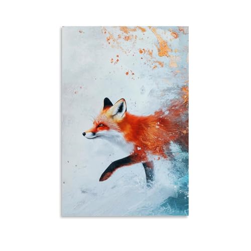 GEMTOFNMA Ein Fuchs trabt durch unsichtbaren Schnee, rotes Fell kontrastiert vor einem weichen, blau-weißen Hintergrund. Modernes Wandbild, dekoratives Poster zum Aufhängen, 50 x 75 cm von GEMTOFNMA