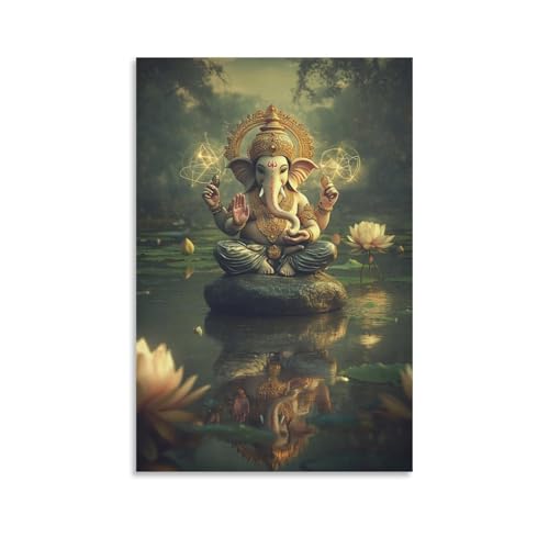GEMTOFNMA Ganesha sitzt auf einem schwebenden Stein in einem Lotussee, zeichnet heilige Diagramme in der Luft mit Licht und Tinte. Modernes Wandbild, dekoratives Poster zum Aufhängen, 30 x 45 cm von GEMTOFNMA