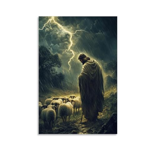 GEMTOFNMA In A Thunderstorm, Jesus Shields A Small Flock of Sheep with His Robe, While Lightning Dances Above Him. Modernes Wandbild, dekoratives Poster zum Aufhängen, 50 x 75 cm GEMTOFNMA In A Thunderstorm, Jesus Shields A Small Flock of Sheep with His Robe, While Lightning Dances Above Him. Modernes Wandbild, dekoratives Poster zum Aufhängen, 50 x 75 cm von GEMTOFNMA