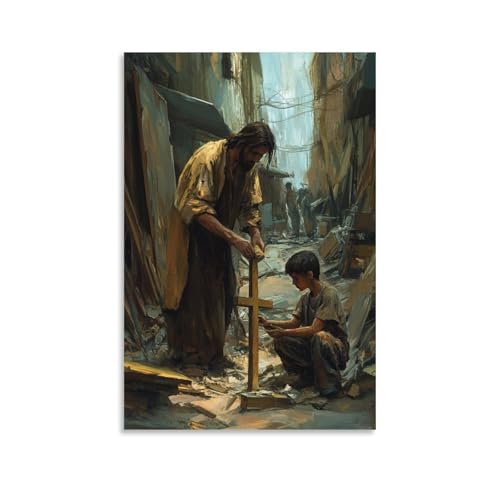 GEMTOFNMA In A War-torn Alley, Jesus Helps A Boy Rebuild A Cross from Scrap Metal And Hope. Modernes Wandbild, dekoratives Poster zum Aufhängen, 60 x 90 cm GEMTOFNMA In A War-torn Alley, Jesus Helps A Boy Rebuild A Cross from Scrap Metal And Hope. Modernes Wandbild, dekoratives Poster zum Aufhängen, 60 x 90 cm von GEMTOFNMA
