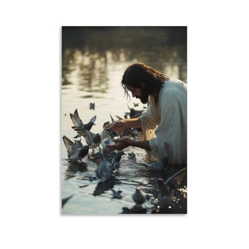GEMTOFNMA Jesus Feeds A Flock of Birds by The Shore, Their Wings And His Hand Forming Mirrored Halos in The Water. Modernes Wandbild, dekoratives Poster zum Aufhängen, 30 x 45 cm GEMTOFNMA Jesus Feeds A Flock of Birds by The Shore, Their Wings And His Hand Forming Mirrored Halos in The Water. Modernes Wandbild, dekoratives Poster zum Aufhängen, 30 x 45 cm von GEMTOFNMA