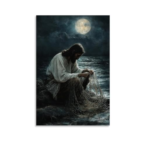 GEMTOFNMA Jesus Mends A Fishing Net Under Moonlight, Teaching Patience with Each Quiet Knot. Modernes Wandbild, dekoratives Poster zum Aufhängen, 60 x 90 cm GEMTOFNMA Jesus Mends A Fishing Net Under Moonlight, Teaching Patience with Each Quiet Knot. Modernes Wandbild, dekoratives Poster zum Aufhängen, 60 x 90 cm von GEMTOFNMA