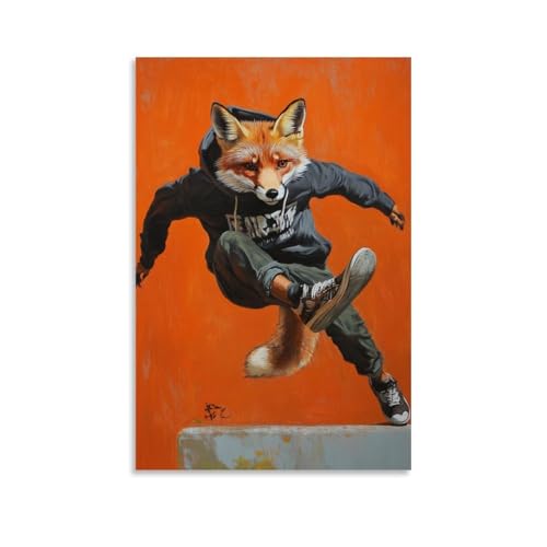 GEMTOFNMA Tier-Ölgemälde eines Fuchses in einem Kapuzenpullover, der einen Fersenflip über einem Bordstein auf einem soliden orangefarbenen Hintergrund ausführt. Modernes Wandbild, dekoratives Poster von GEMTOFNMA