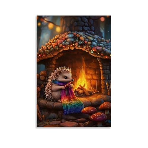 GEMTOFNMA Wandbild, Motiv: Ein Igel, der einen Regenbogenschal neben einem Kamin in einem Pilzhütte strickt, dekoratives Poster zum Aufhängen, 60 x 90 cm GEMTOFNMA Wandbild, Motiv: Ein Igel, der einen Regenbogenschal neben einem Kamin in einem Pilzhütte strickt, dekoratives Poster zum Aufhängen, 60 x 90 cm von GEMTOFNMA