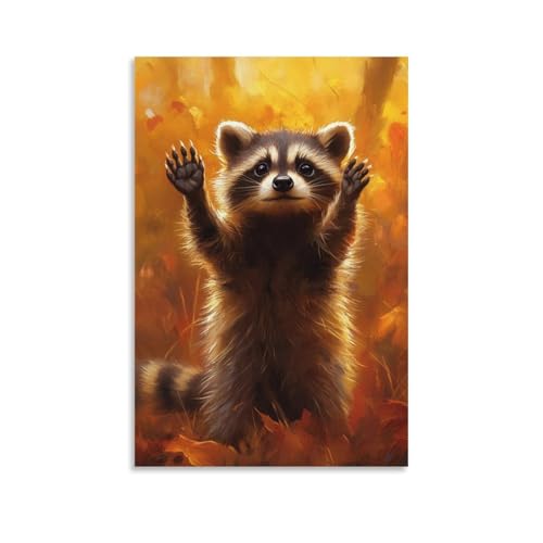 GEMTOFNMA Wandbild, Motiv: Ein Waschbär sitzend mit erhobener Pfote, Fell gebürstet mit Herbstsonnenlicht auf verbranntem orangefarbenem Feld, modernes Wandbild, dekoratives Hänge-Poster, Kunst, 50 x von GEMTOFNMA