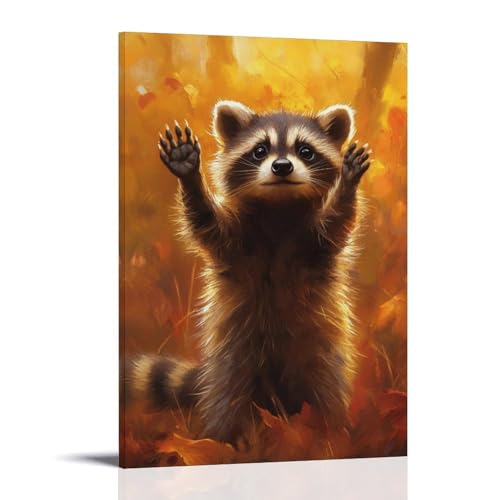 GEMTOFNMA Wandbild, Motiv: Ein Waschbär sitzend mit erhobener Pfote, Fell gebürstet mit Herbstsonnenlicht auf verbranntem orangefarbenem Feld, modernes Wandbild, dekoratives Hänge-Poster, Kunst, 20 x von GEMTOFNMA