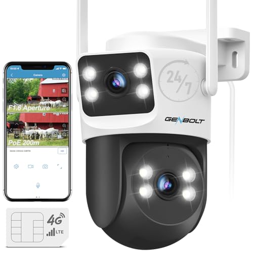 GENBOLT 4G LTE Überwachungskamera Aussen mit SIM Karte, Doppel Linse PoE Kamera Kabelgebunden Außen Ohne WLAN, CCTV 24/7 Aufzeichnung Überwachung IP Kamera mit Humanoid-Verfolgung von GENBOLT