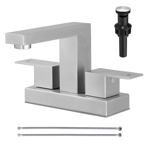 VOTON 10,2 cm Badezimmer-Waschbeckenarmatur, gebürstetes Nickel, zentrales Set, Badezimmer-Armaturen für Waschbecken, 2 oder 3 Löcher, mit Pop-Up-Ablauf- und Zuleitungen, 304 Edelstahl, 2 Griffe von GENBONS