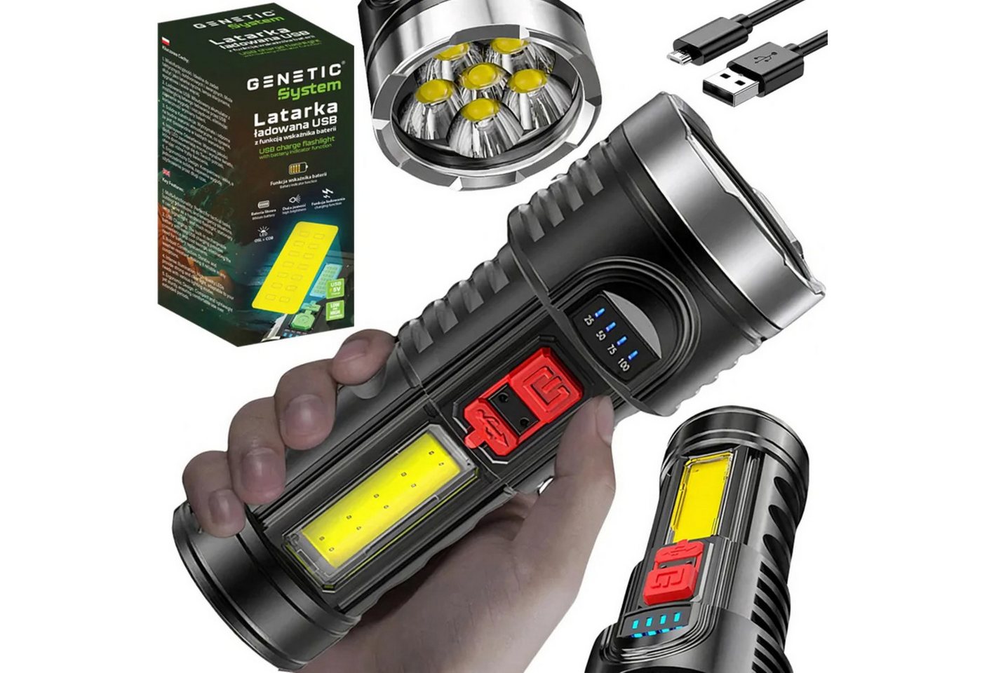GENETIC Optic LED Taschenlampe Wiederaufladbare LED-Taschenlampe XPE COB 4 Lichtmodi USB Akku robust (LED-Taschenlampe Set, wiederaufladbar, COB, USB, 4 Lichtmodi, Taschenlampe XPE COB + USB-Ladekabel Outdoor), 4 Lichtmodi, COB-Seitenlicht, wiederaufladbar, USB, stoßfest, IPX4 GENETIC Optic LED Taschenlampe Wiederaufladbare LED-Taschenlampe XPE COB 4 Lichtmodi USB Akku robust (LED-Taschenlampe Set, wiederaufladbar, COB, USB, 4 Lichtmodi, Taschenlampe XPE COB + USB-Ladekabel Outdoor), 4 Lichtmodi, COB-Seitenlicht, wiederaufladbar, USB, stoßfest, IPX4 von GENETIC Optic