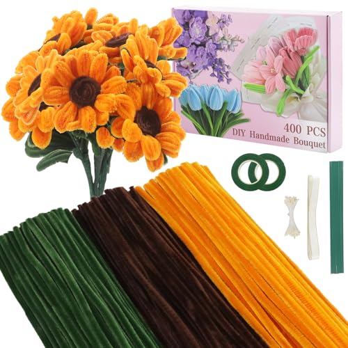 GENHH Sonnenblumen Pfeifenreiniger Blumen Set, 400 Stück Pfeifenreiniger Grün Pfeifenputzer Chenilledraht Pfeifenputzer zum Basteln 30CM mit 3 Farbe von GENHH