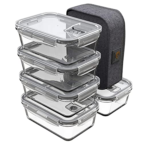 GENICOOK Lunchbox Bento Brotdose mit Lunchtasche/Brotzeitdose Frischhaltedosen Glas perfekt für Meal Prep - BPA frei für Home Küche oder den Gebrauch unterwegs(5 * 840ml) von GENICOOK