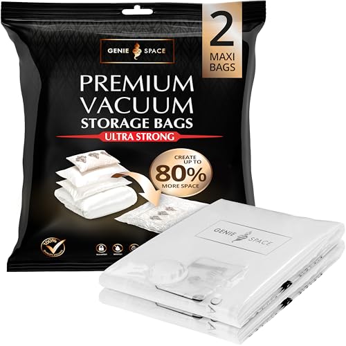 GENIE SPACE - Unglaublich starke Premium platzsparende Vakuumbeutellagerung | 2 x MAXI (110x90cm) | Luftdicht & wiederverwendbar | Erstellen Sie 80% mehr Platz | Für Kleidung, Handtücher usw. von GENIE SPACE
