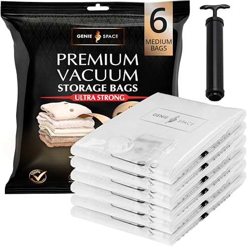 GENIE SPACE - Unglaublich starke Premium platzsparende Vakuumbeutellagerung | 6 x MITTEL (70x50cm) | Luftdicht & wiederverwendbar | Erstellen Sie 80% mehr Platz | Für Kleidung, Handtücher usw. von GENIE SPACE