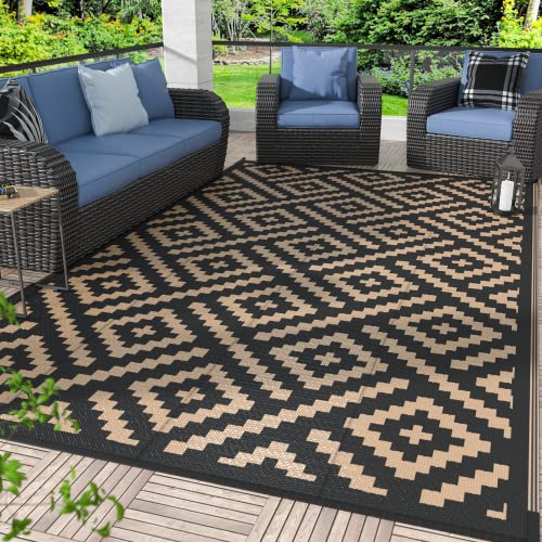 GENIMO 12.7x20.3 cm Outdoor-Teppich, wasserdicht, wendbare Matten, Outdoor-Teppich, Kunststoff-Außenteppich, geometrische Wohnmobil-Matte für Terrasse, Veranda, Strandanhänger (schwarz und braun) von GENIMO