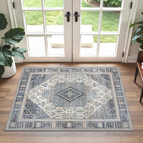 GENIMO Boho Fußmatte 60x90CM Waschbar Schlafzimmer Teppich Klein Teppisch Rutschfester Teppiche Gegend für Eingang Bad, Blau von GENIMO