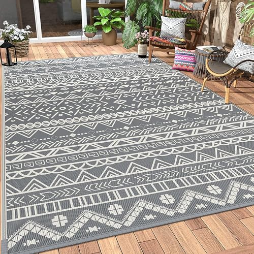 GENIMO Geometrischer Outdoor Teppich, 180 x 270 cm, Wasserdichter Garten Teppich, Schmutzabweisend, UV-beständige, Grau, Wendbar von GENIMO