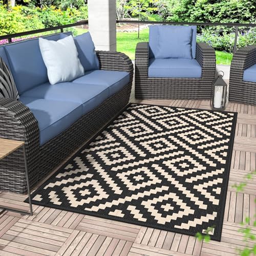 GENIMO Outdoor-Teppich, 90 x 150 cm, wasserdicht, wendbar, Kunststoff, Strohteppiche für Terrasse, Wohnmobil, Balkon, Hinterhof, Picknick, Deck (Schwarz & Beige) von GENIMO