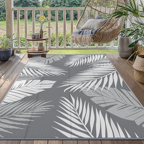 GENIMO Outdoor Teppich 120x180cm Wetterfest, Waschbarer Camping Teppich Wendbar UV-bestandig Carpet, Kunststoff-Picknickdecke für Balkon, Garten, Wohnmobil, Deck, Hinterhof, Grau & Weiß von GENIMO