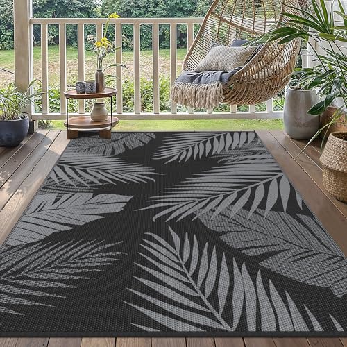 GENIMO Outdoor Teppich 275x365cm Wetterfest, Waschbarer Camping Teppich Wendbar UV-bestandig Carpet, Kunststoff-Picknickdecke für Balkon, Garten, Wohnmobil, Deck, Hinterhof, Schwarz & Grau von GENIMO