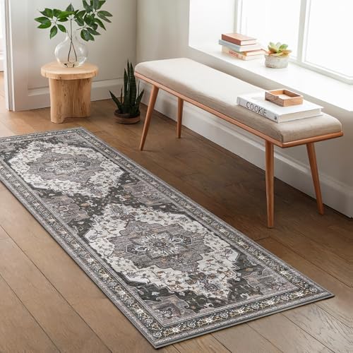 GENIMO Vintage Teppich Küche 60x150CM Teppich Schlafzimmer Waschbare Kurzflor Boho Carpet, rutschfest Teppiche for Balkon Badezimmer, Darkgrau von GENIMO