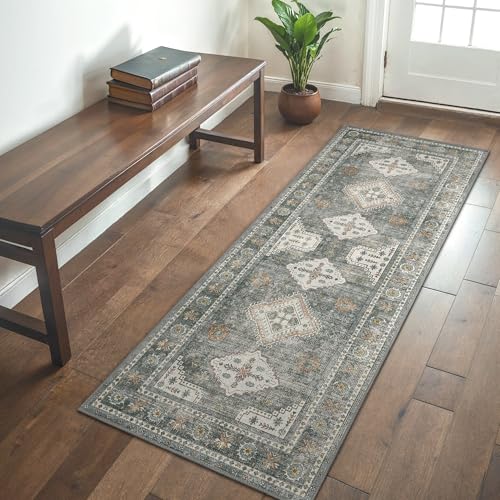 GENIMO Boho Teppich Flur 60x150CM, Dunkle Schlafzimmer Teppich, waschbar Vintage Läufer Flur, Anti-Rutsch-Teppiche für Küche Bad Eingang Korridor von GENIMO