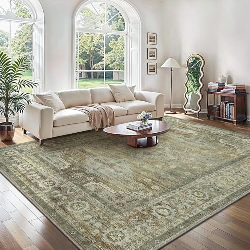 GENIMO Teppich Wohnzimmer 200x290CM, rutschfest Schlafzimmer Teppiche Groß, Vintage Boho Kurzflor, Waschbare, Drunk Grün von GENIMO