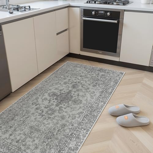GENIMO Vintage Teppich Wohnzimmer 80 x 150 cm, Waschbar Teppich Mit Anti Rutsch Rücken, Boho Kurzen Haufen Teppiche für Flur Schlafzimmer Küche Bad, Schwarz von GENIMO