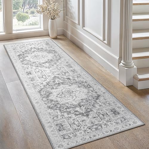 GENIMO Vintage Teppich Flur 60x120CM Waschbarer Teppich Küche Kurzfloriger Schlafzimmer Teppiche, Rutschfester Läufer den Balkon, Grau von GENIMO
