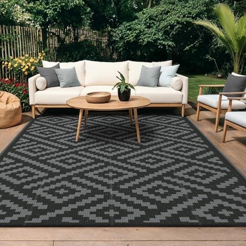 GENlMO Outdoor Teppich Wetterfest 150x240cm Picknickdecke Plastik-Strohhalm Matte UV-bestandig Camping Teppich Waschbarer Outdoor Teppiche fur Garten, Balkon,Pool, Deck, Hinterhof, Schwarz & Grau von GENIMO