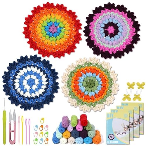GENIXFIT Entdecke Anfänger-Häkel-Set mit Häkelhaken,Handmade DIY Crochet Coaster Kit for Beginners with Tutorial,Home & Table Decor von GENIXFIT