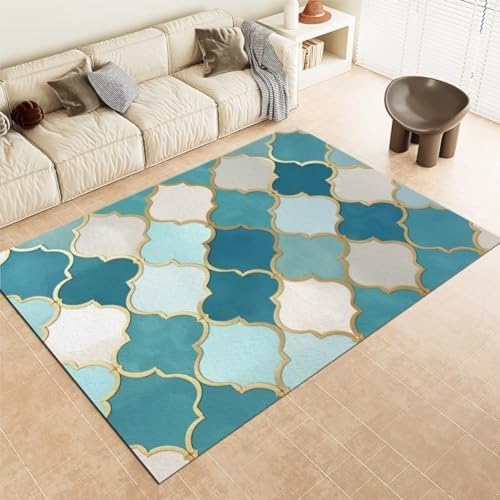 Blaue Teppich Teppiche Geometrisches Gitter Gold Linien Maschin, von GENMIP