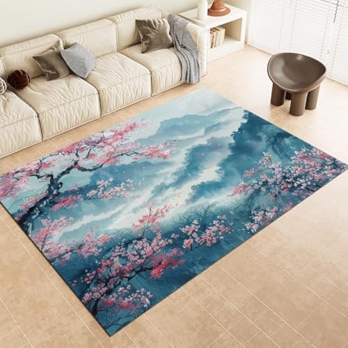 Fläche Teppich Teppich Für Wohnzimmer Schlafzimmer Tinte Gemälde Der Bergkirschblüten Bodenmatte Gedrucktes Design Weiche Teppiche Großte Teppich Für Dining Home Office Küche, von GENMIP